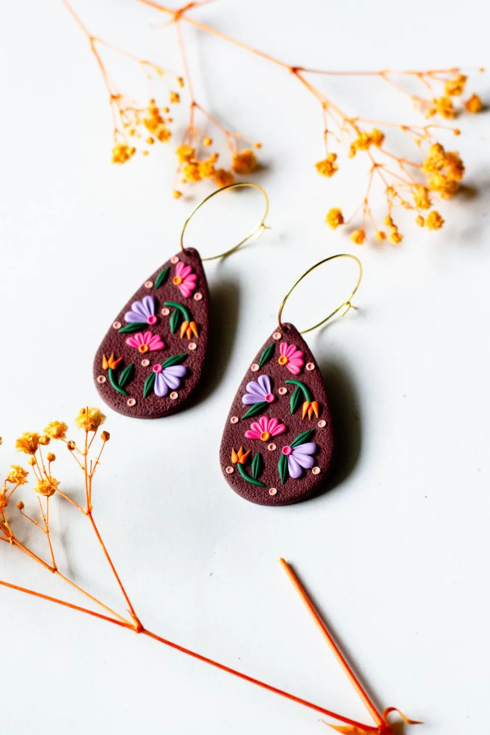 Earrings^SLOW DAY STUDIOS Burgundy Floral Teardrop Hoop Earrings