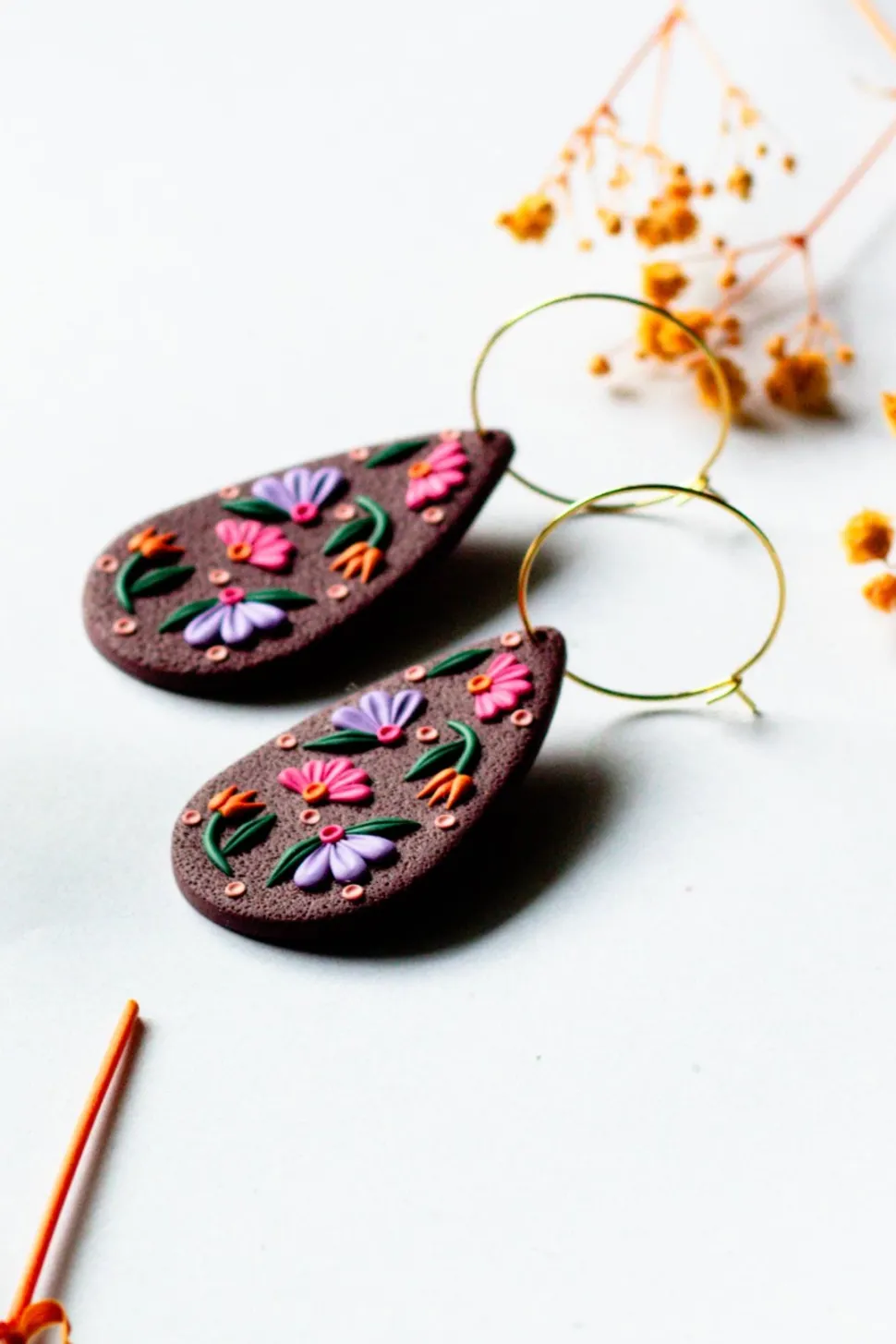 Earrings^SLOW DAY STUDIOS Burgundy Floral Teardrop Hoop Earrings